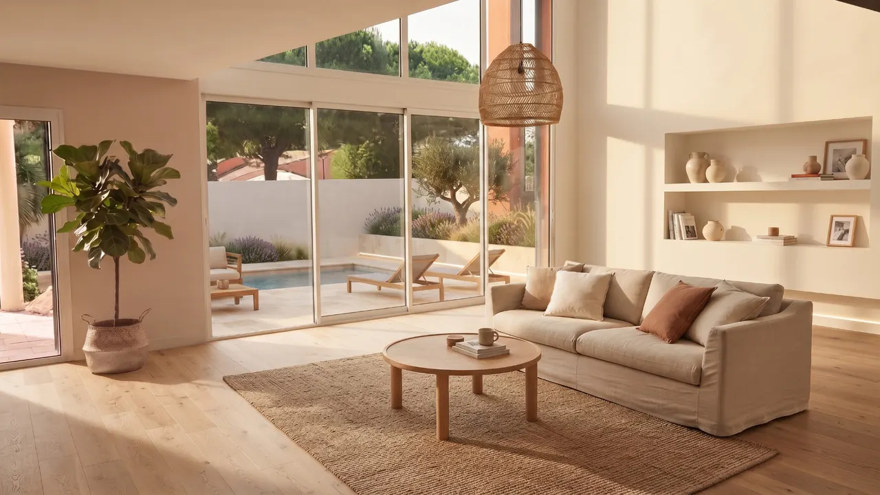 Séjour après travaux, lumineux avec baie vitrée, parquet et vue piscine